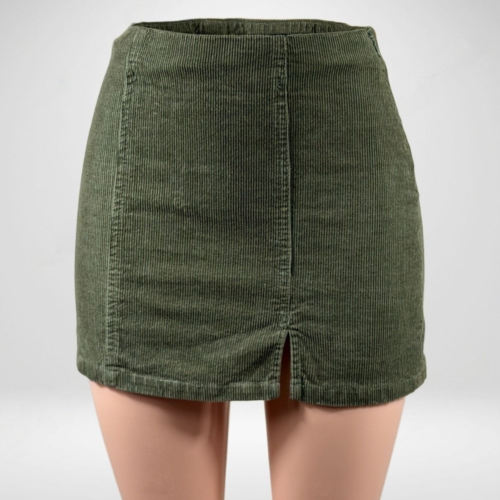 Angel Kiss Womens Olive Green Corduroy Mini Skirt High Waisted Size S Slit Front
